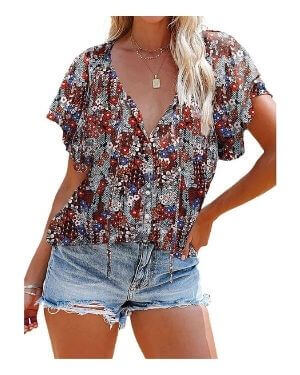 EBTOOLS Camisetas de Verano para Mujer, Mangas Cortas con Estampado Hawaiano, Camisas Boho Casuales, Cuello en V Sexy para el Trabajo, Compras, Uso Diario(m-Multicolor)