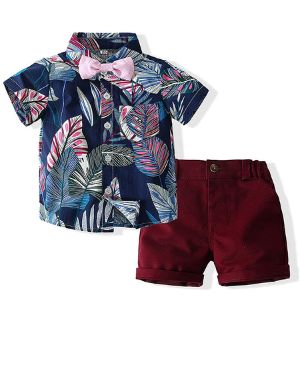Mildsown Ropa de verano para bebés y niños, diseño de hojas hawaianas, camisa de manga corta, pantalones cortos con pajarita, conjunto de trajes de 3 piezas, azul marino, 80