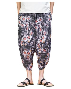 Pantalones casuales para hombres hombres hombres primavera verano flores algodón pantalones de lino estampado suelto pantalones estampados completos compañeros pijama