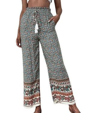 Pantalones de la pierna de la señora de moda Pantalones de las mujeres de impresión floral de pierna ancha de verano con cordones borla Pantalones de playa