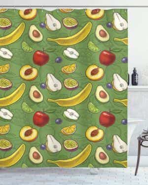 Frutas Cortina de Baño, Manzanas Aguacate plátano Cal, Material Resistente al Agua Durable Estampa Digital, 175 x 180 cm, Verde Multicolor