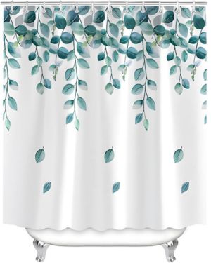 Cortina de ducha de 80 x 180 cm, diseño de hojas verdes, dobladillo con peso, textil antimoho, impermeable, lavable, tela de poliéster para baño, bañera con